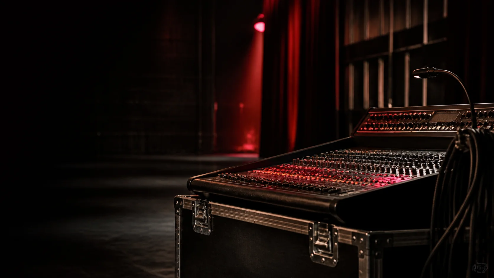 Live production mixing console and road case in a dark venue